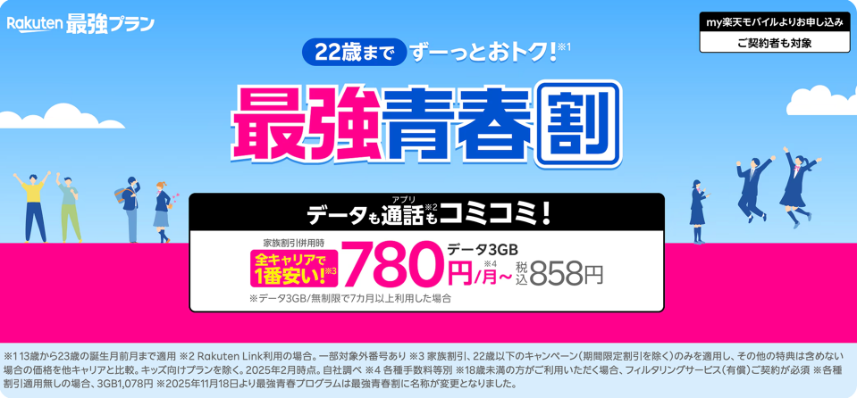 楽天モバイル 最強青春割 13〜22歳は毎月110円引き