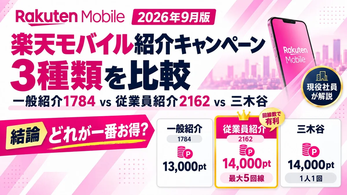 楽天モバイル紹介キャンペーン3種類の比較(一般紹介・従業員紹介・三木谷)